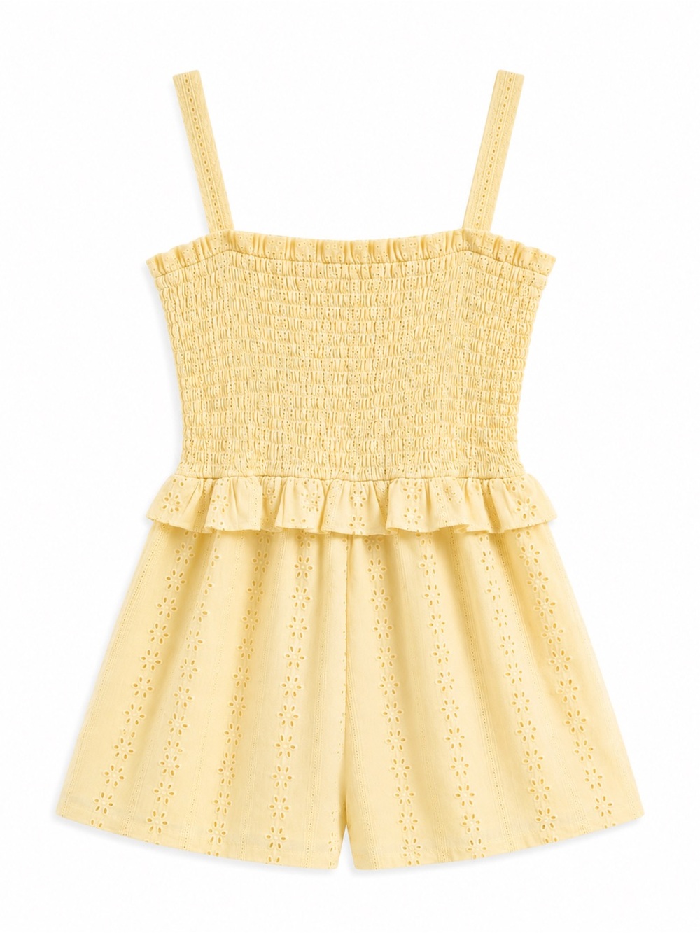 Lush Yellow Eyelet Smocked Cotton Romper Size M - Picture 2 of 7